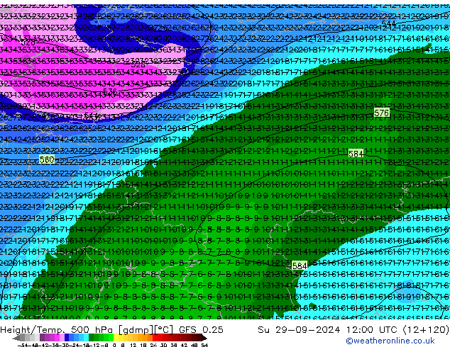 Z500/Regen(+SLP)/Z850 GFS 0.25 zo 29.09.2024 12 UTC