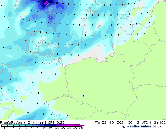 Precipitazione (12h) GFS 0.25 mer 02.10.2024 12 UTC