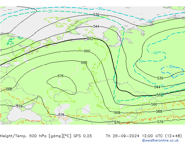 Z500/Rain (+SLP)/Z850 GFS 0.25 Th 26.09.2024 12 UTC