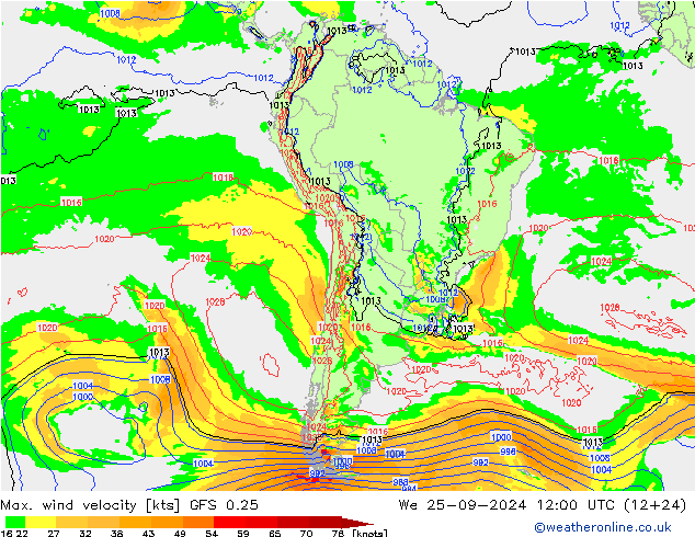 Max. wind velocity GFS 0.25 We 25.09.2024 12 UTC