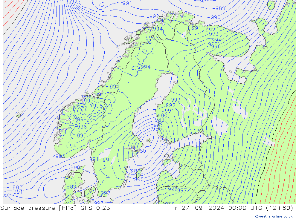 Presión superficial GFS 0.25 vie 27.09.2024 00 UTC