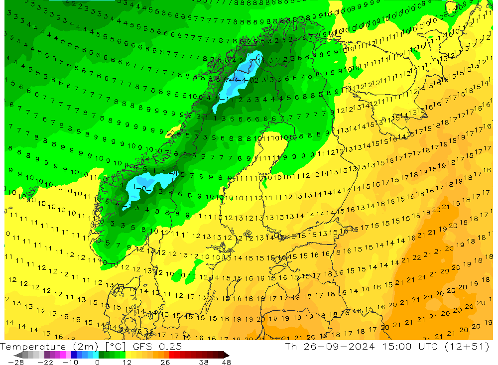 Temperature (2m) GFS 0.25 Th 26.09.2024 15 UTC