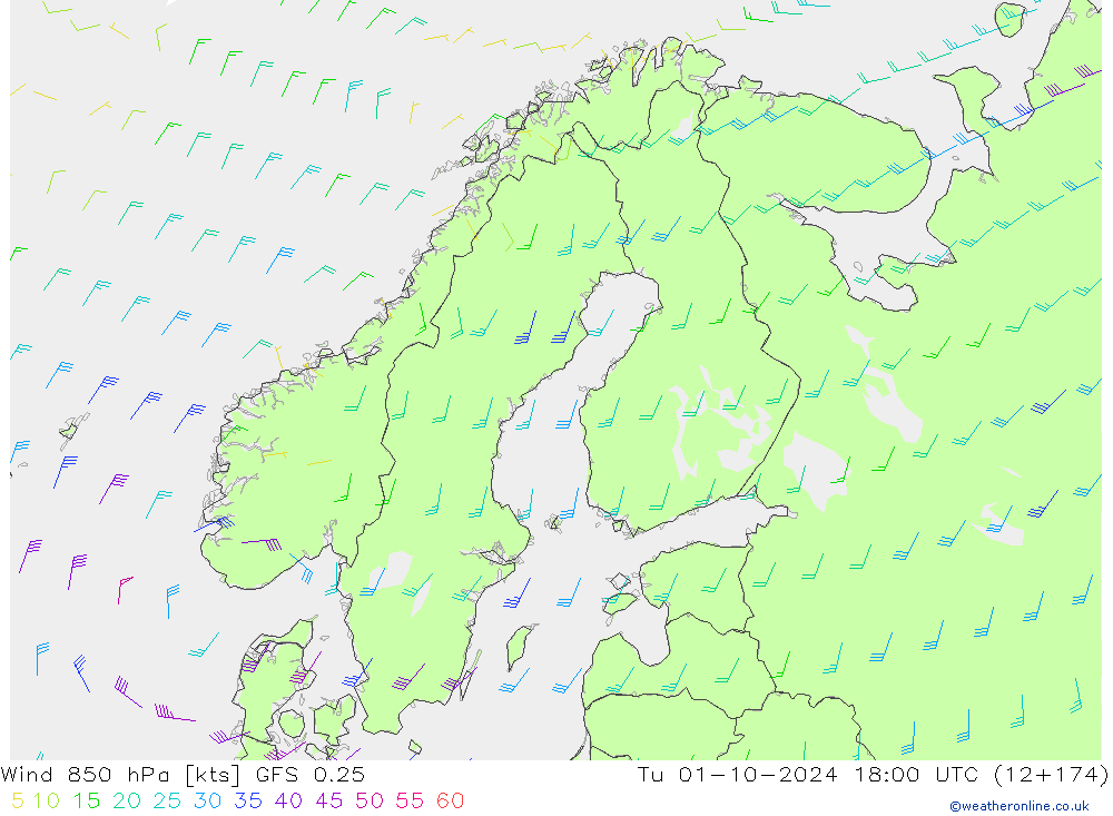 Wind 850 hPa GFS 0.25 di 01.10.2024 18 UTC