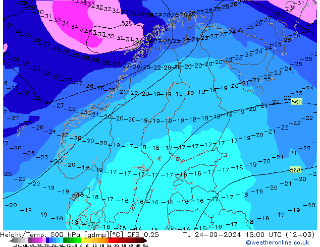 Z500/Rain (+SLP)/Z850 GFS 0.25 Di 24.09.2024 15 UTC