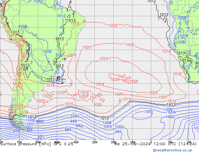 Pressione al suolo GFS 0.25 mer 25.09.2024 12 UTC