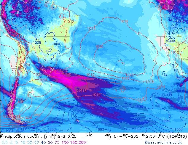 Precipitación acum. GFS 0.25 vie 04.10.2024 12 UTC