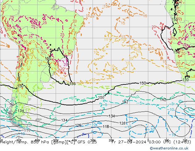 Geop./Temp. 850 hPa GFS 0.25 vie 27.09.2024 03 UTC