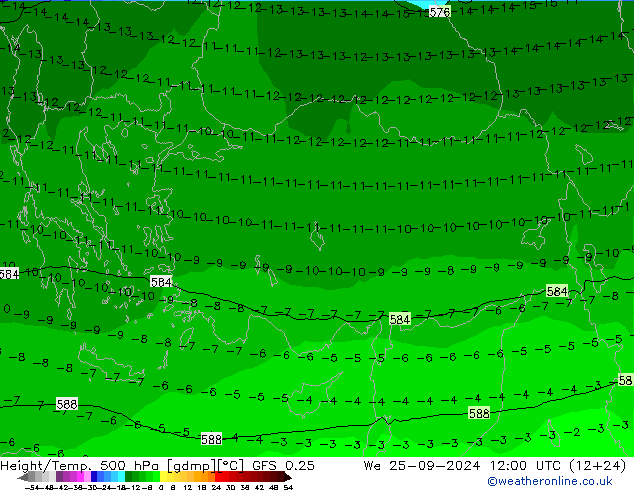 Z500/Yağmur (+YB)/Z850 GFS 0.25 Çar 25.09.2024 12 UTC