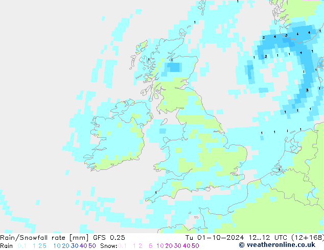 Rain/Snowfall rate GFS 0.25 Út 01.10.2024 12 UTC