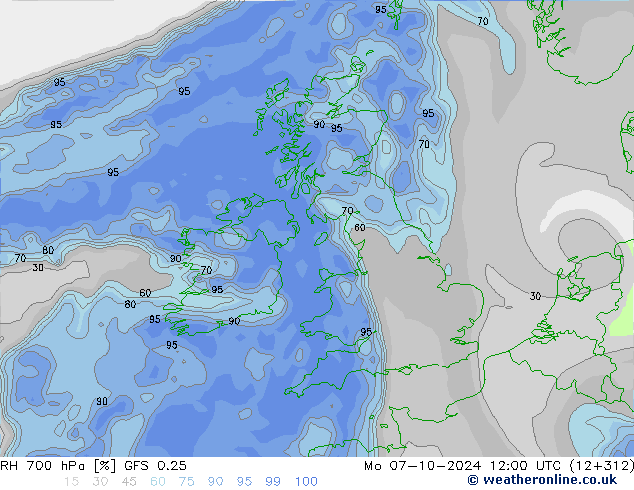 RH 700 hPa GFS 0.25 Seg 07.10.2024 12 UTC