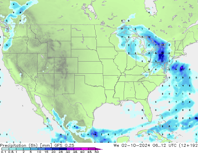 Precipitation (6h) GFS 0.25 We 02.10.2024 12 UTC