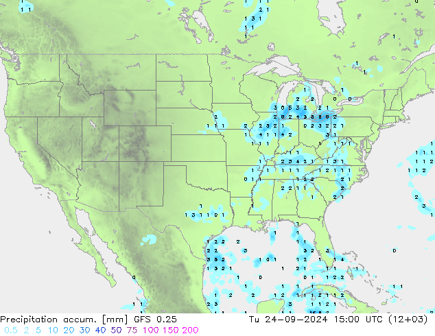 Precipitation accum. GFS 0.25 Út 24.09.2024 15 UTC