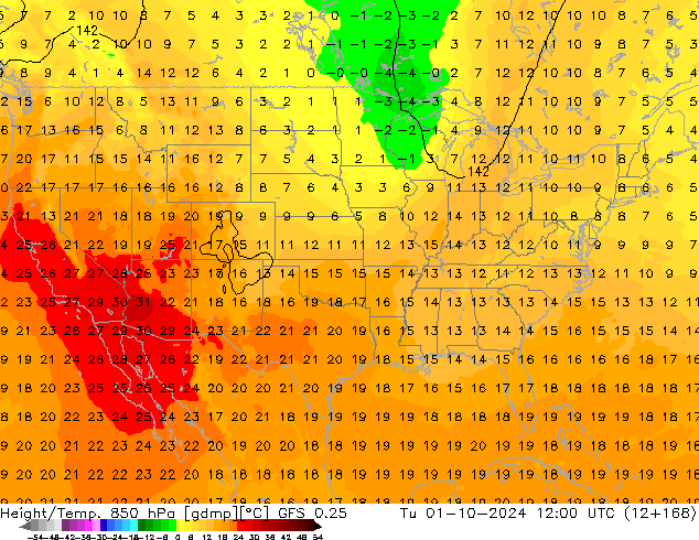 Z500/Rain (+SLP)/Z850 GFS 0.25 Út 01.10.2024 12 UTC