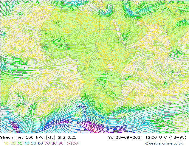 Streamlines 500 hPa GFS 0.25 Sa 28.09.2024 12 UTC