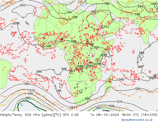 Height/Temp. 500 hPa GFS 0.25 Út 08.10.2024 18 UTC