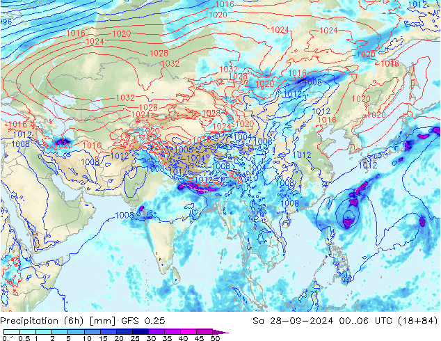 Precipitation (6h) GFS 0.25 So 28.09.2024 06 UTC