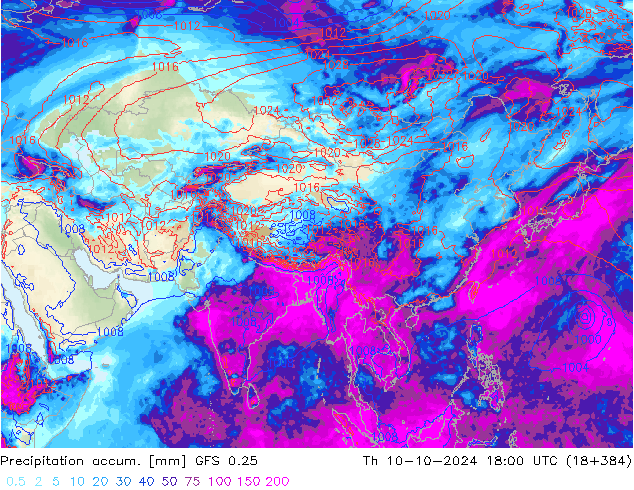 Precipitation accum. GFS 0.25 Th 10.10.2024 18 UTC