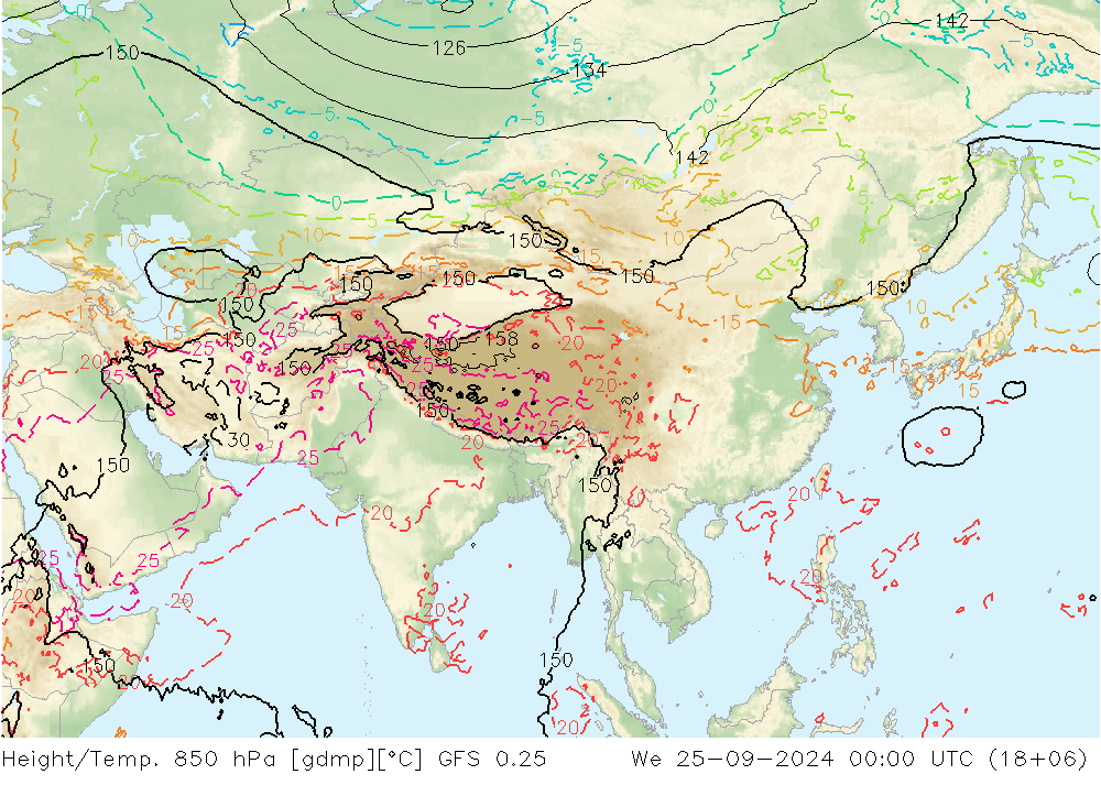 Z500/Rain (+SLP)/Z850 GFS 0.25 Qua 25.09.2024 00 UTC