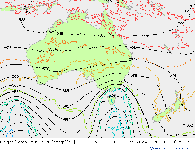 Z500/Rain (+SLP)/Z850 GFS 0.25 wto. 01.10.2024 12 UTC