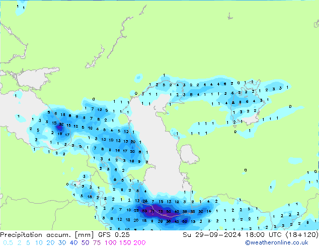 Précipitation accum. GFS 0.25 dim 29.09.2024 18 UTC