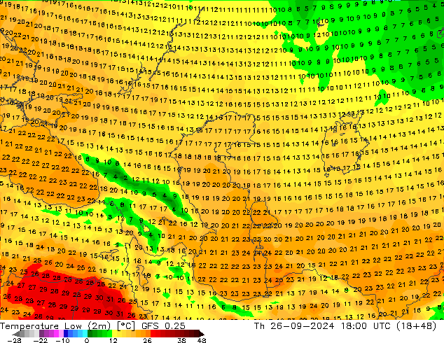 Nejnižší teplota (2m) GFS 0.25 Čt 26.09.2024 18 UTC