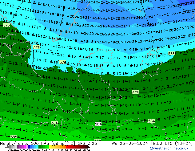 Height/Temp. 500 hPa GFS 0.25 mer 25.09.2024 18 UTC