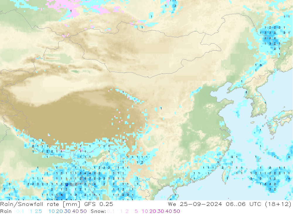 Rain/Snowfall rate GFS 0.25  25.09.2024 06 UTC