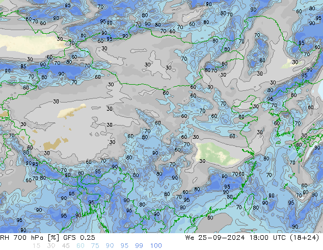 RH 700 hPa GFS 0.25 We 25.09.2024 18 UTC