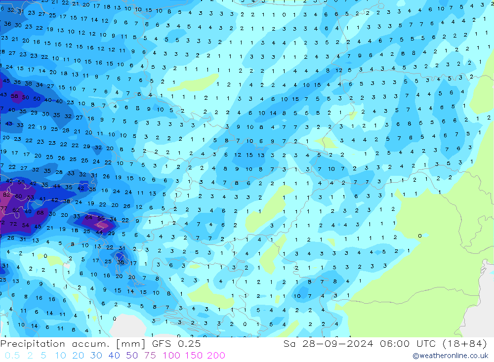 Precipitation accum. GFS 0.25 Sáb 28.09.2024 06 UTC