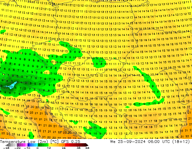 Min.temperatuur (2m) GFS 0.25 wo 25.09.2024 06 UTC