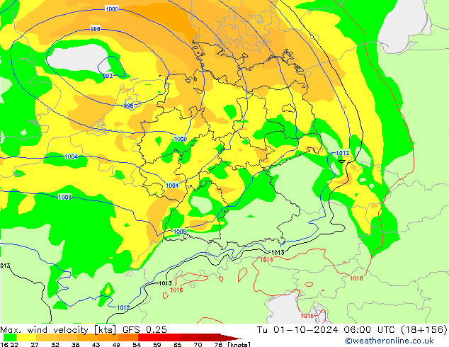 Max. wind velocity GFS 0.25 Tu 01.10.2024 06 UTC