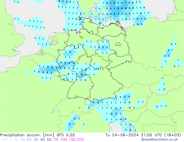 Precipitation accum. GFS 0.25 вт 24.09.2024 21 UTC