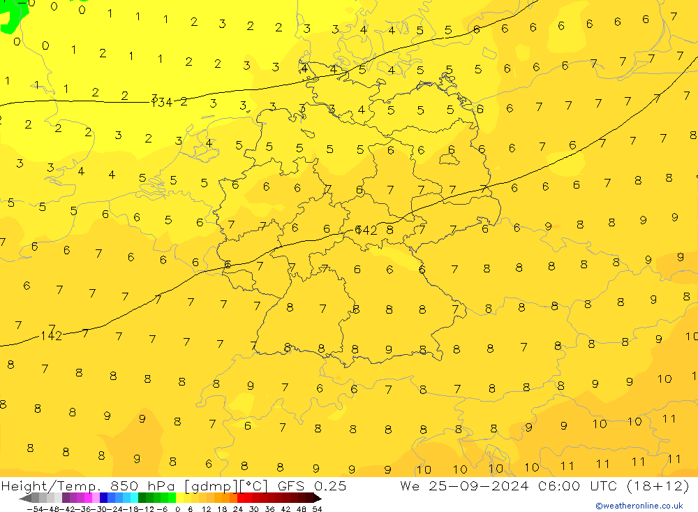 Z500/Rain (+SLP)/Z850 GFS 0.25 We 25.09.2024 06 UTC