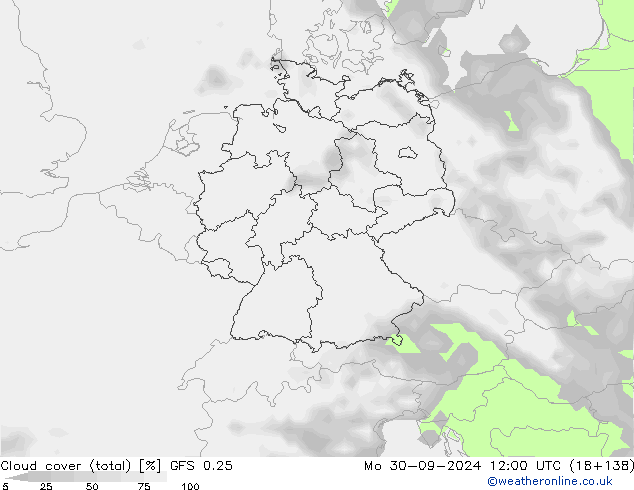 zachmurzenie (suma) GFS 0.25 pon. 30.09.2024 12 UTC