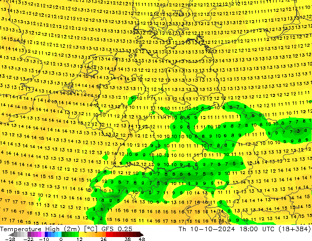 Temperature High (2m) GFS 0.25 Th 10.10.2024 18 UTC