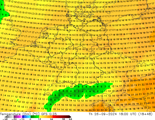 Temperature (2m) GFS 0.25 Th 26.09.2024 18 UTC