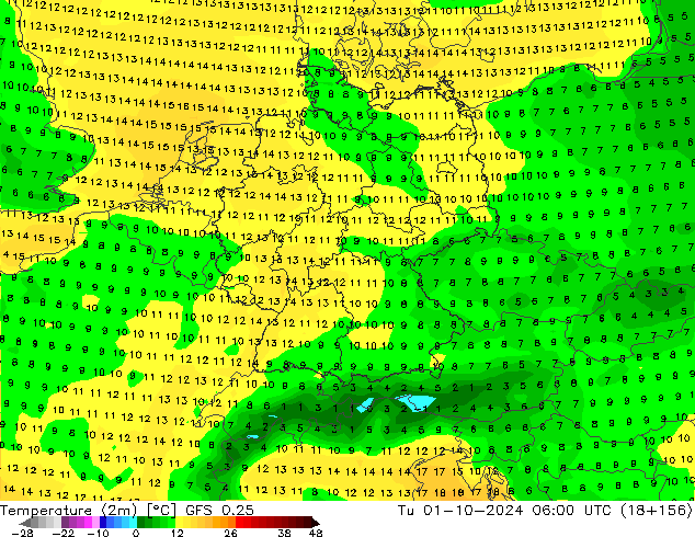 Temperature (2m) GFS 0.25 Tu 01.10.2024 06 UTC