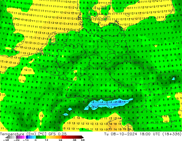 Temperatura (2m) GFS 0.25 mar 08.10.2024 18 UTC