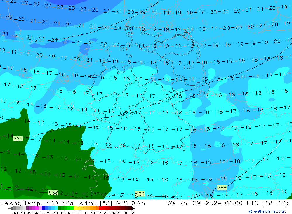 Z500/Rain (+SLP)/Z850 GFS 0.25 We 25.09.2024 06 UTC