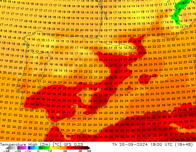 Max. Temperatura (2m) GFS 0.25 czw. 26.09.2024 18 UTC