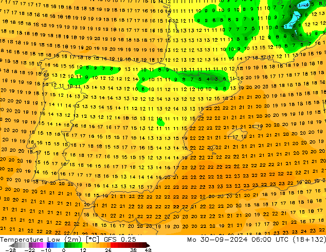 Temperature Low (2m) GFS 0.25 Mo 30.09.2024 06 UTC