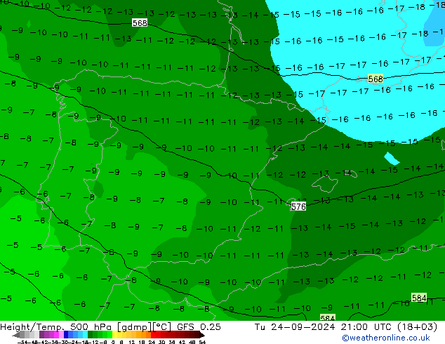 Z500/Yağmur (+YB)/Z850 GFS 0.25 Sa 24.09.2024 21 UTC