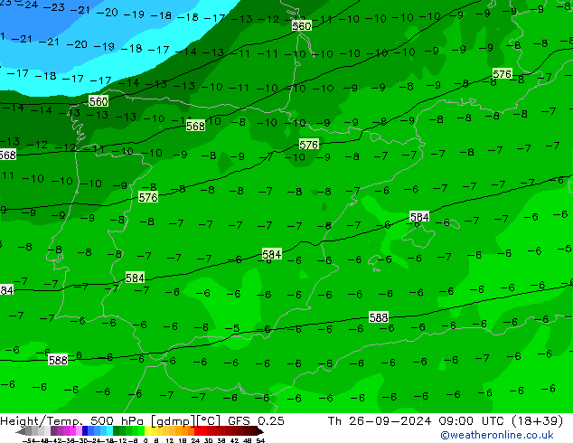 Height/Temp. 500 hPa GFS 0.25 Čt 26.09.2024 09 UTC