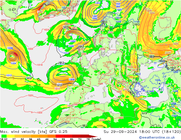 Max. wind velocity GFS 0.25 dom 29.09.2024 18 UTC