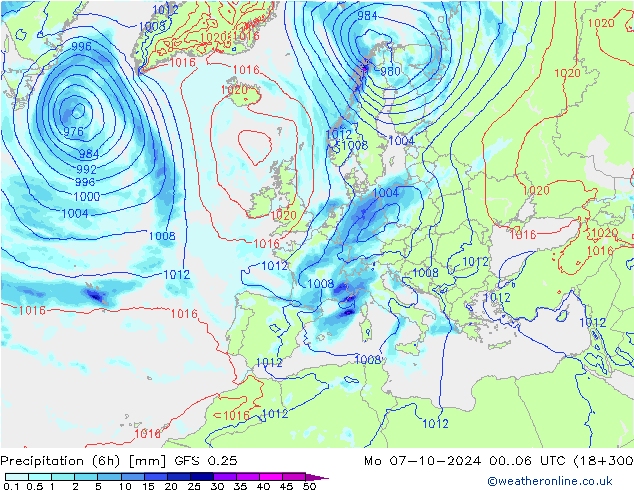 Z500/Rain (+SLP)/Z850 GFS 0.25 Mo 07.10.2024 06 UTC