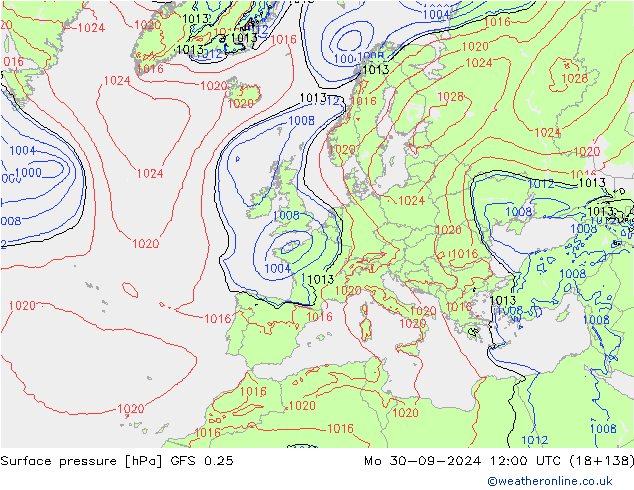 Luchtdruk (Grond) GFS 0.25 ma 30.09.2024 12 UTC