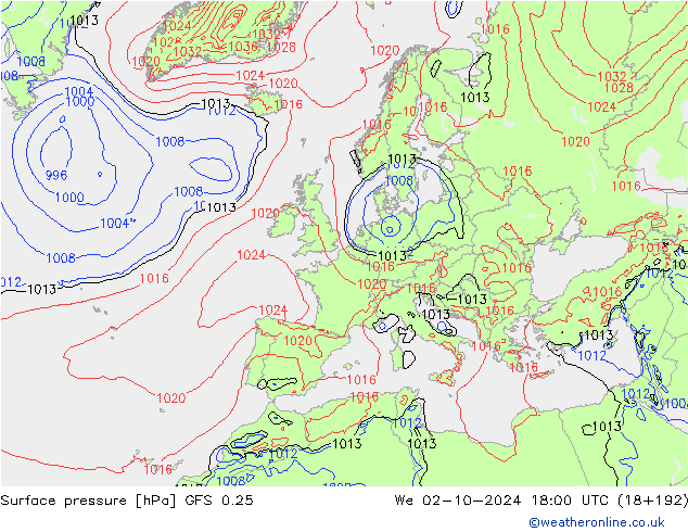 Atmosférický tlak GFS 0.25 St 02.10.2024 18 UTC