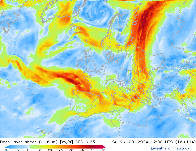 Deep layer shear (0-6km) GFS 0.25  29.09.2024 12 UTC