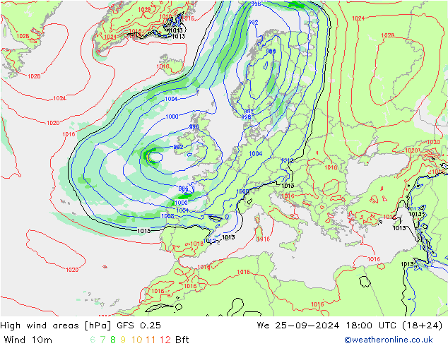 yüksek rüzgarlı alanlar GFS 0.25 Çar 25.09.2024 18 UTC