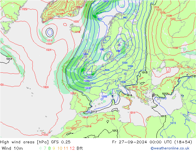 High wind areas GFS 0.25 Fr 27.09.2024 00 UTC